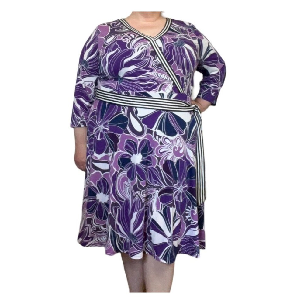 Leota Banded Perfect Wrap Dress Retro Floral Border Acai Size 2X Office Career